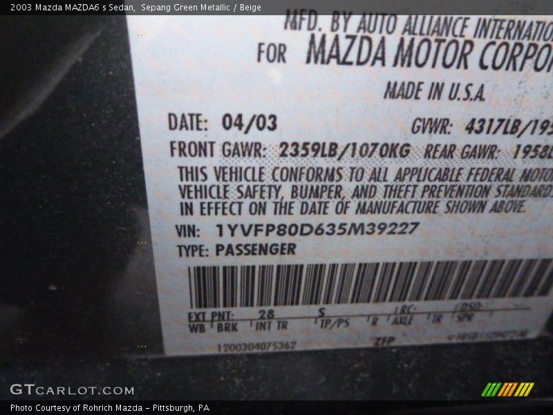 Sepang Green Metallic / Beige 2003 Mazda MAZDA6 s Sedan