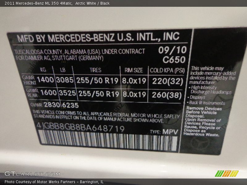 Arctic White / Black 2011 Mercedes-Benz ML 350 4Matic