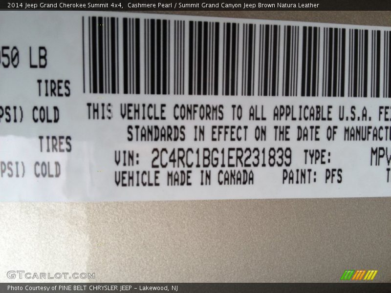 2014 Grand Cherokee Summit 4x4 Cashmere Pearl Color Code PFS