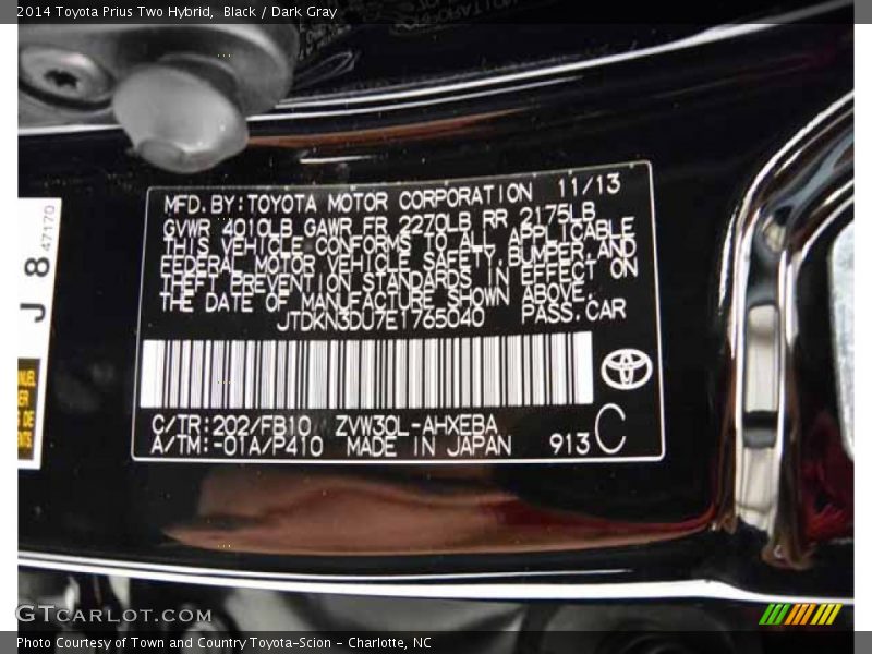 Black / Dark Gray 2014 Toyota Prius Two Hybrid