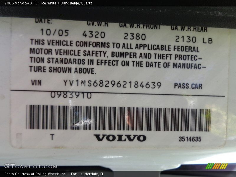 Ice White / Dark Beige/Quartz 2006 Volvo S40 T5
