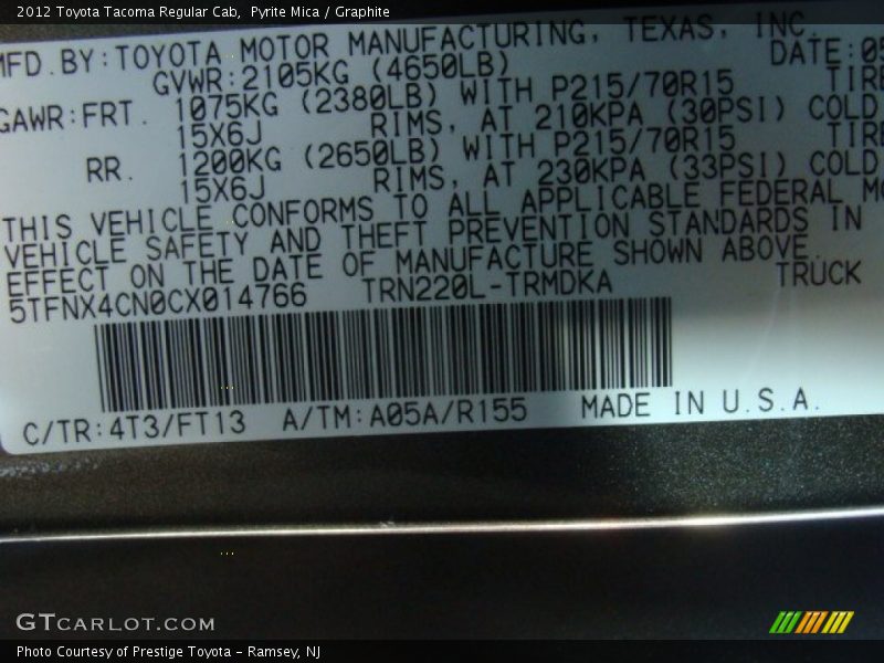 Pyrite Mica / Graphite 2012 Toyota Tacoma Regular Cab