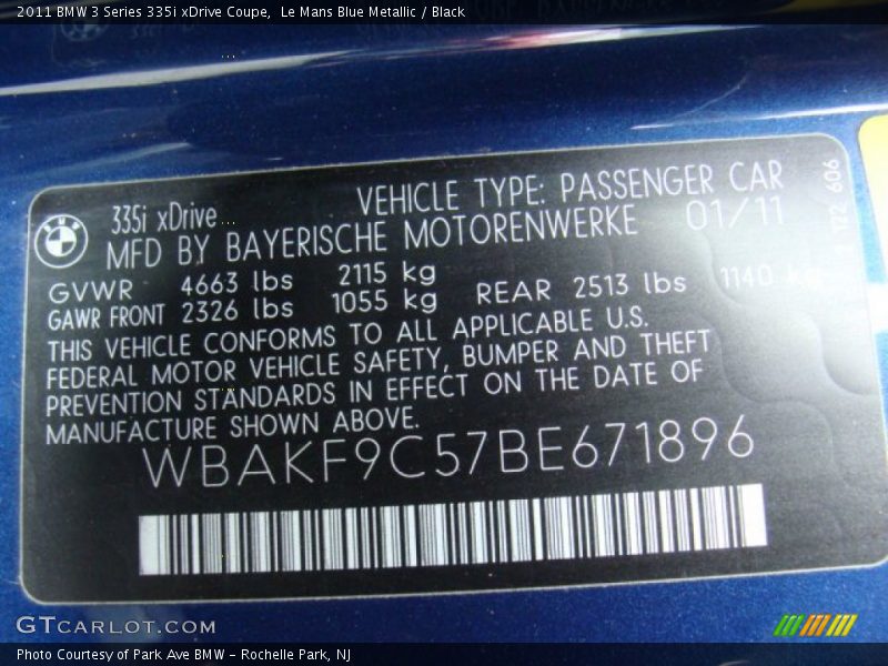 Le Mans Blue Metallic / Black 2011 BMW 3 Series 335i xDrive Coupe