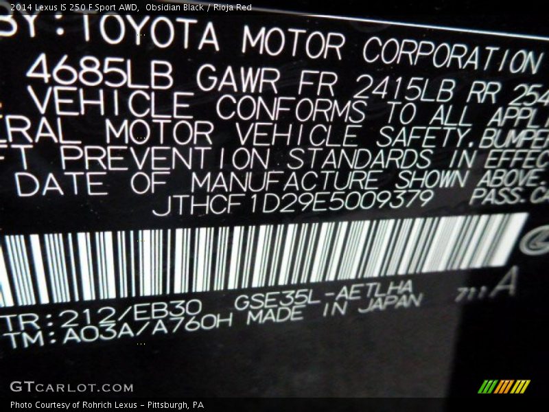Obsidian Black / Rioja Red 2014 Lexus IS 250 F Sport AWD