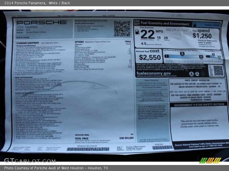  2014 Panamera  Window Sticker