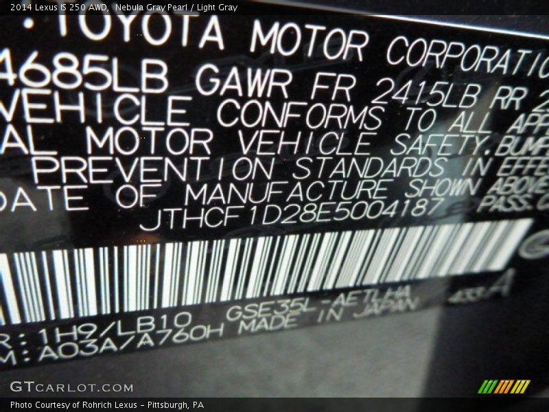 Nebula Gray Pearl / Light Gray 2014 Lexus IS 250 AWD