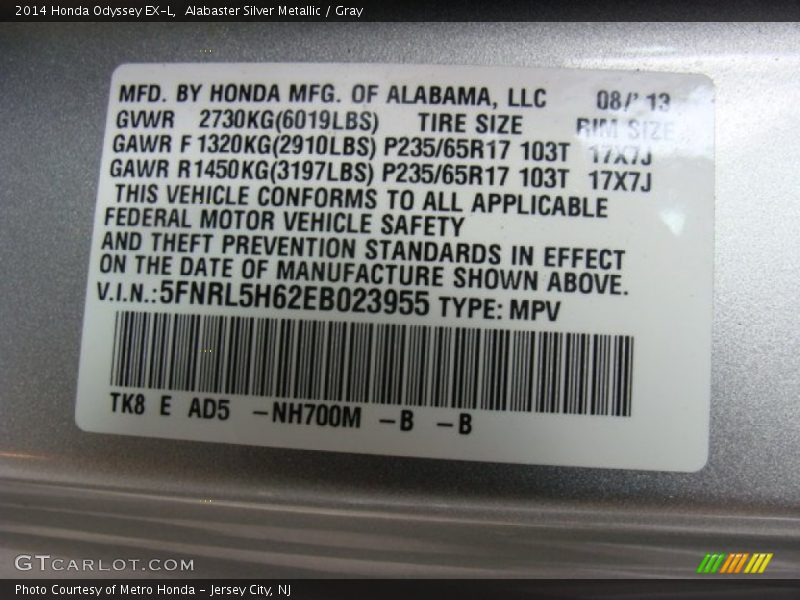 Alabaster Silver Metallic / Gray 2014 Honda Odyssey EX-L