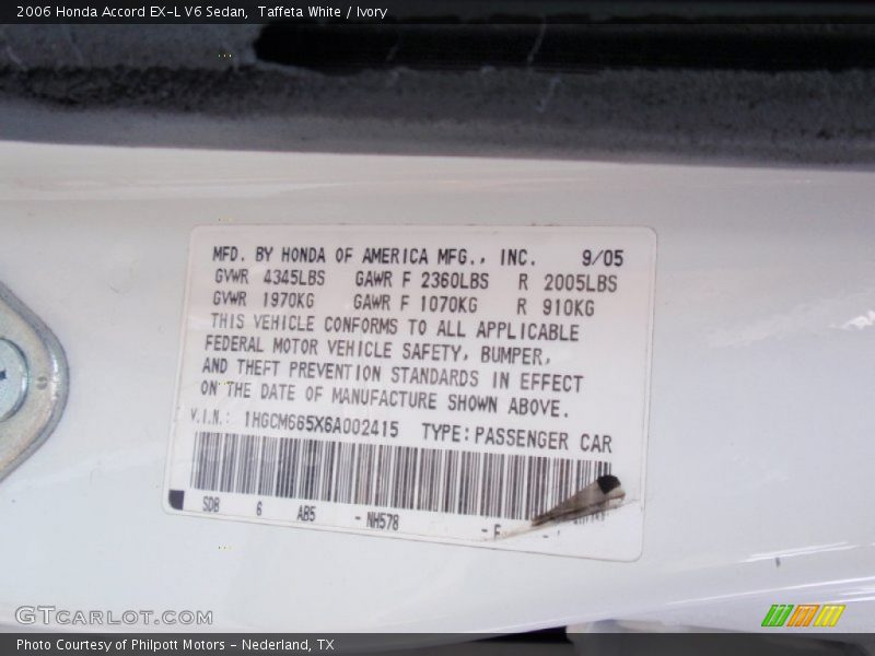 Taffeta White / Ivory 2006 Honda Accord EX-L V6 Sedan