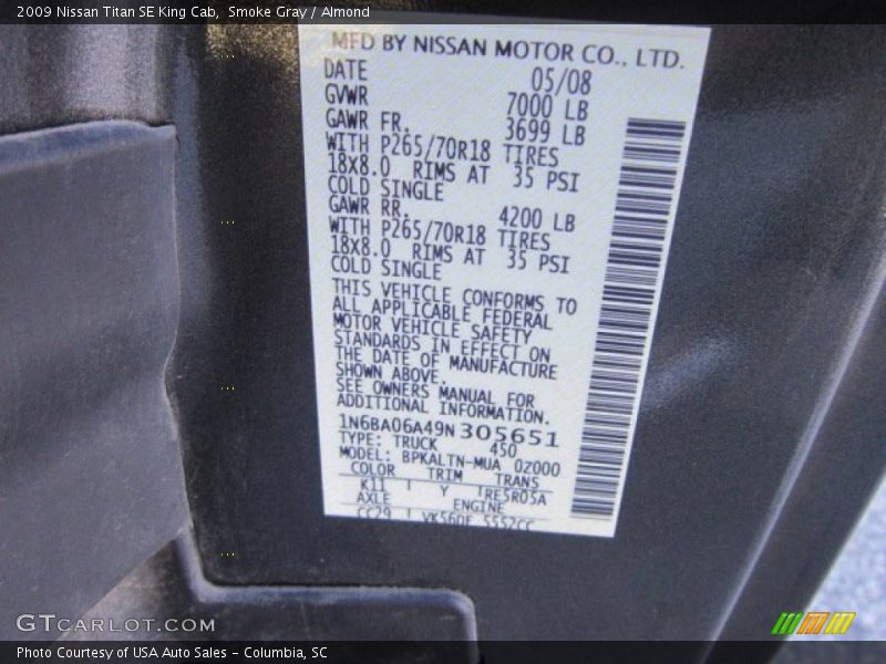 Smoke Gray / Almond 2009 Nissan Titan SE King Cab