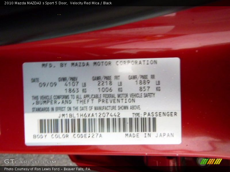 2010 MAZDA3 s Sport 5 Door Velocity Red Mica Color Code 27A