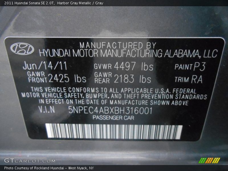 Harbor Gray Metallic / Gray 2011 Hyundai Sonata SE 2.0T