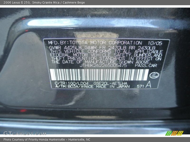 2006 IS 250 Smoky Granite Mica Color Code 1G0