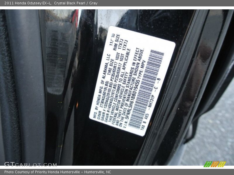 Crystal Black Pearl / Gray 2011 Honda Odyssey EX-L