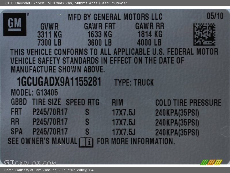 Summit White / Medium Pewter 2010 Chevrolet Express 1500 Work Van