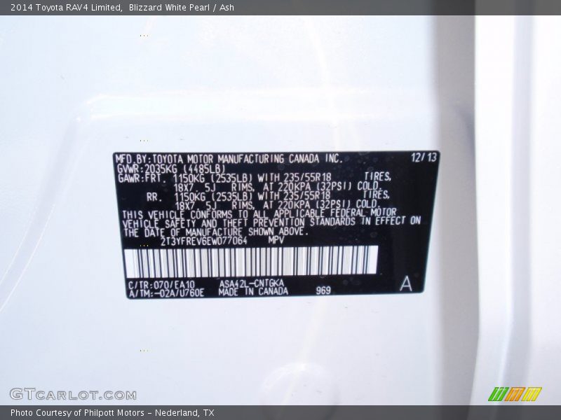 2014 RAV4 Limited Blizzard White Pearl Color Code 070