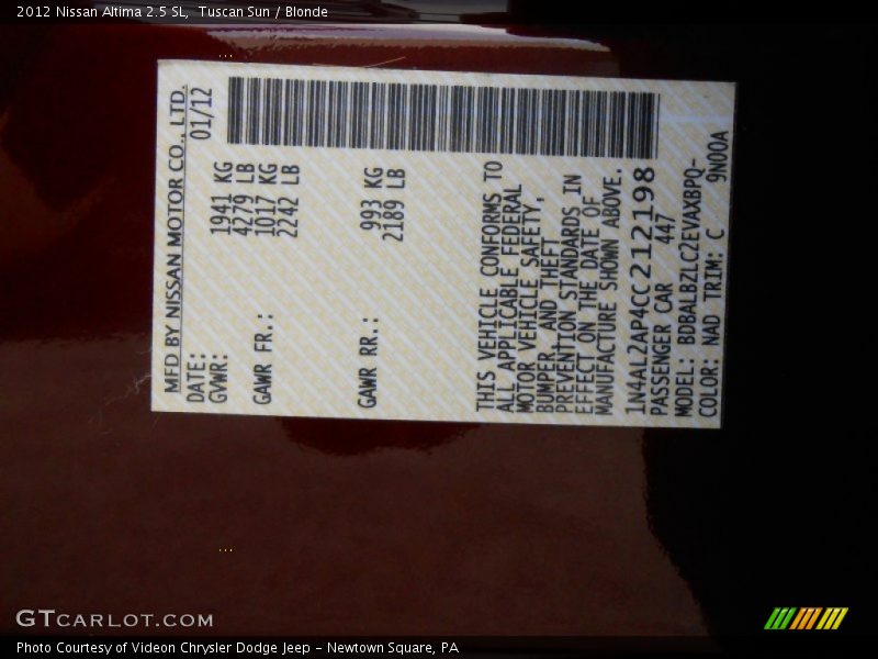 Tuscan Sun / Blonde 2012 Nissan Altima 2.5 SL