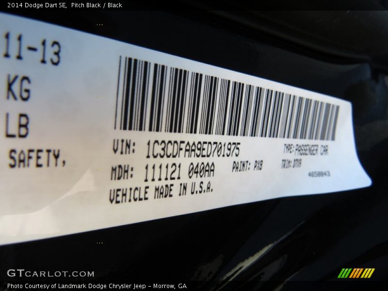 Pitch Black / Black 2014 Dodge Dart SE