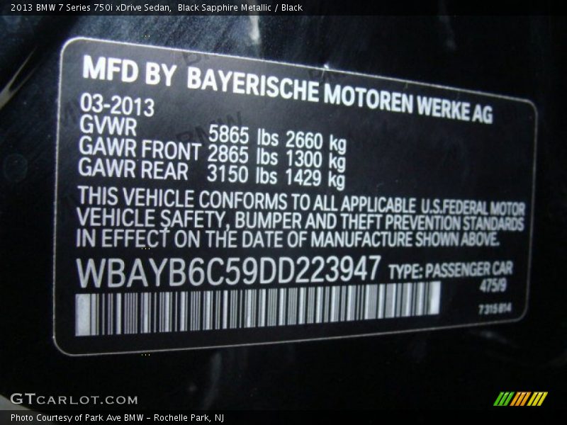 2013 7 Series 750i xDrive Sedan Black Sapphire Metallic Color Code 475
