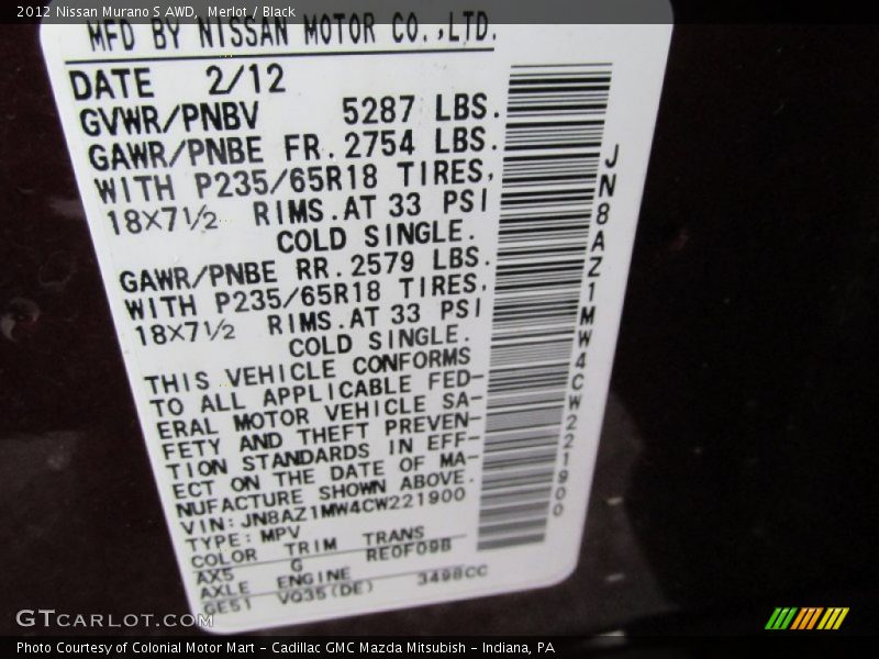 Merlot / Black 2012 Nissan Murano S AWD