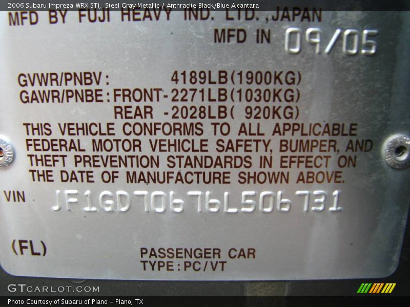 Steel Gray Metallic / Anthracite Black/Blue Alcantara 2006 Subaru Impreza WRX STi