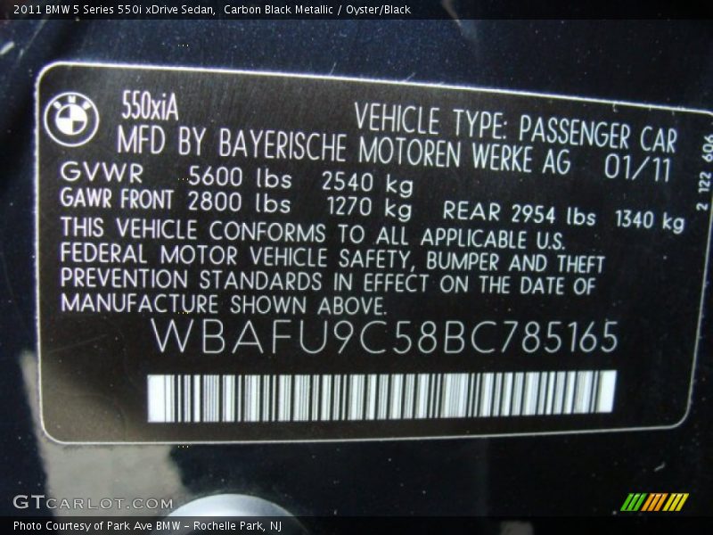Carbon Black Metallic / Oyster/Black 2011 BMW 5 Series 550i xDrive Sedan