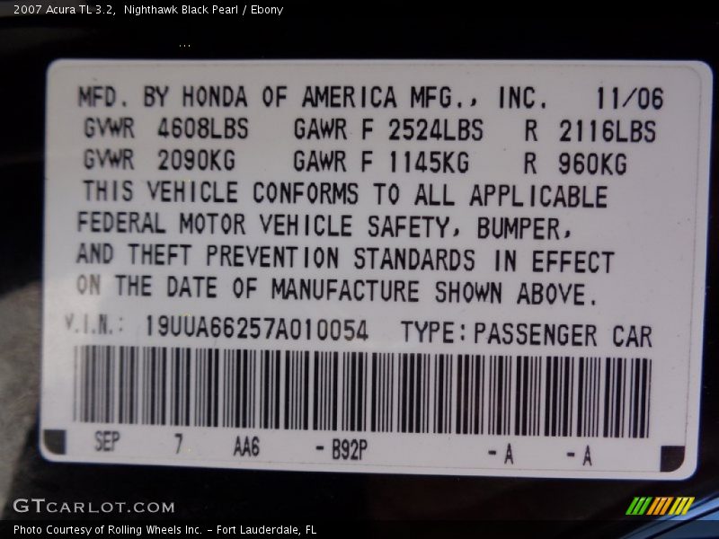 Nighthawk Black Pearl / Ebony 2007 Acura TL 3.2