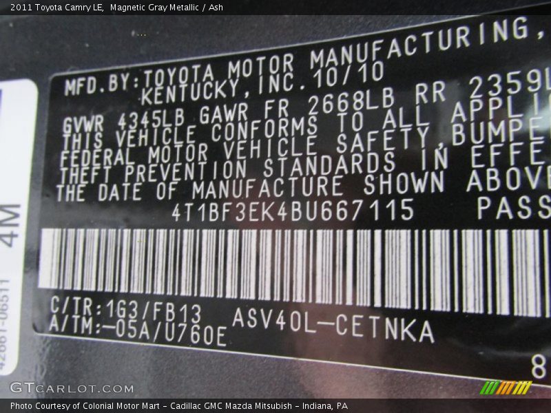 Magnetic Gray Metallic / Ash 2011 Toyota Camry LE