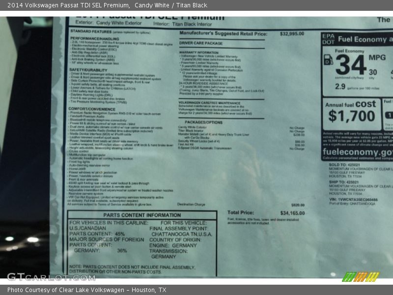 Candy White / Titan Black 2014 Volkswagen Passat TDI SEL Premium