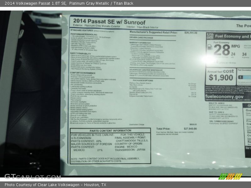 Platinum Gray Metallic / Titan Black 2014 Volkswagen Passat 1.8T SE