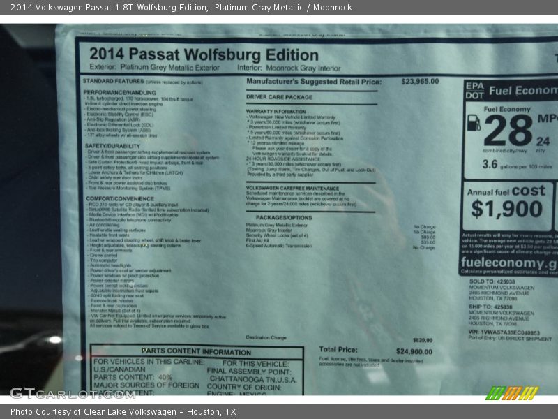 Platinum Gray Metallic / Moonrock 2014 Volkswagen Passat 1.8T Wolfsburg Edition