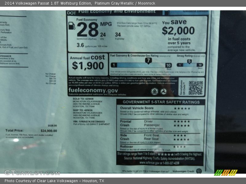 Platinum Gray Metallic / Moonrock 2014 Volkswagen Passat 1.8T Wolfsburg Edition