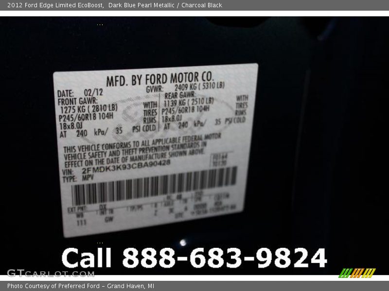 Dark Blue Pearl Metallic / Charcoal Black 2012 Ford Edge Limited EcoBoost