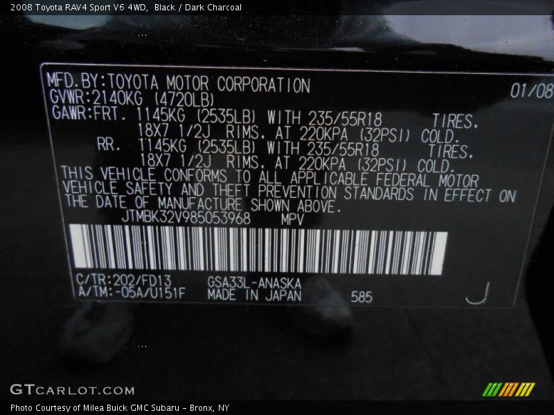 Black / Dark Charcoal 2008 Toyota RAV4 Sport V6 4WD