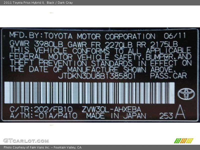 Black / Dark Gray 2011 Toyota Prius Hybrid II