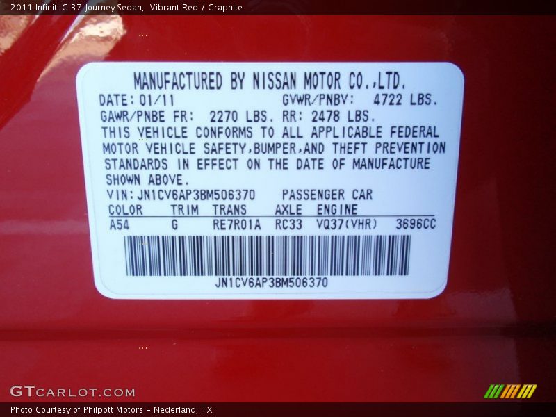 Vibrant Red / Graphite 2011 Infiniti G 37 Journey Sedan