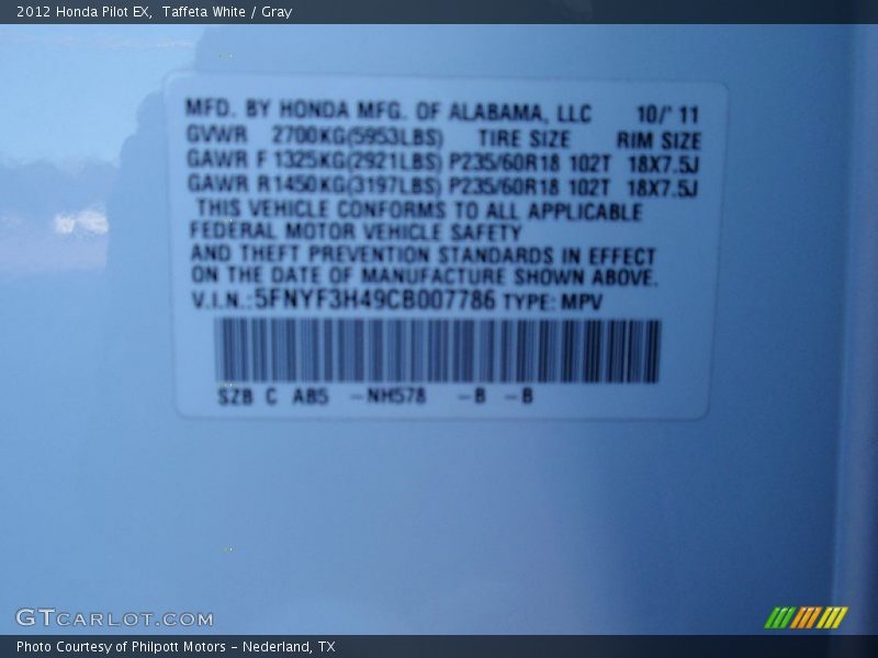 Taffeta White / Gray 2012 Honda Pilot EX