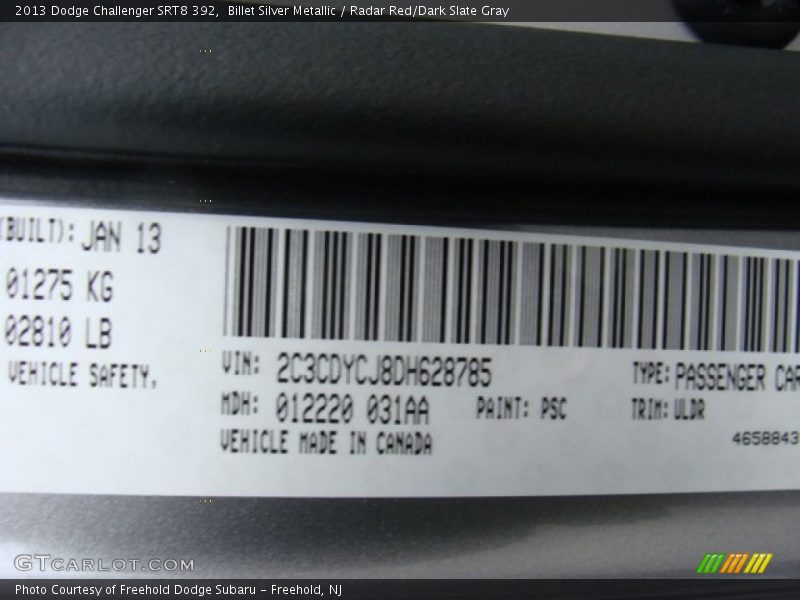 Billet Silver Metallic / Radar Red/Dark Slate Gray 2013 Dodge Challenger SRT8 392