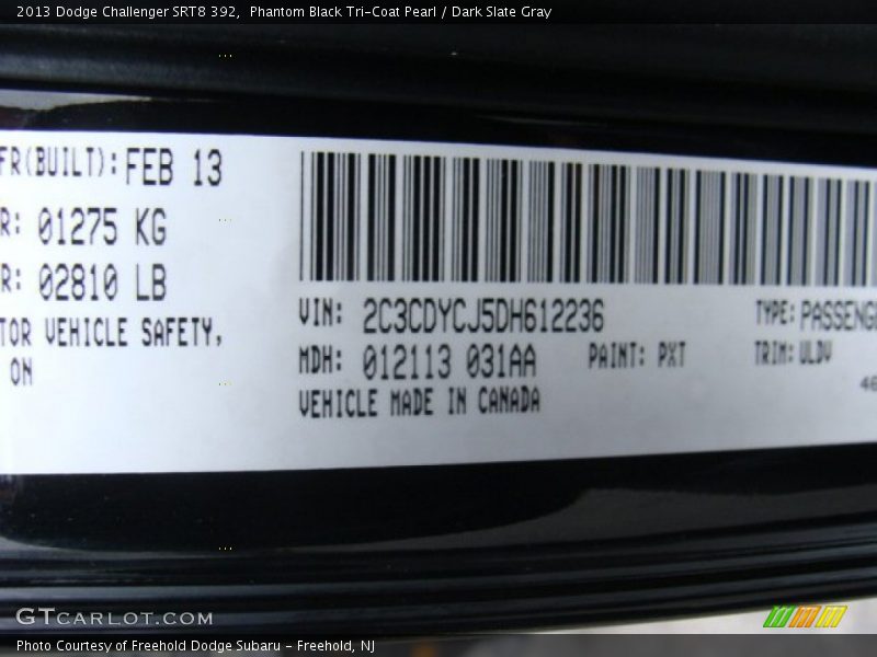 2013 Challenger SRT8 392 Phantom Black Tri-Coat Pearl Color Code PXT