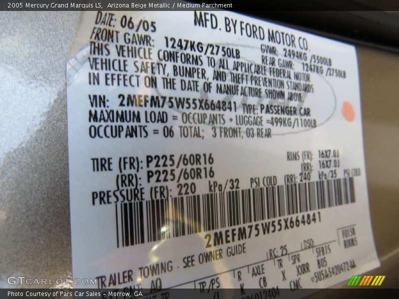 Arizona Beige Metallic / Medium Parchment 2005 Mercury Grand Marquis LS