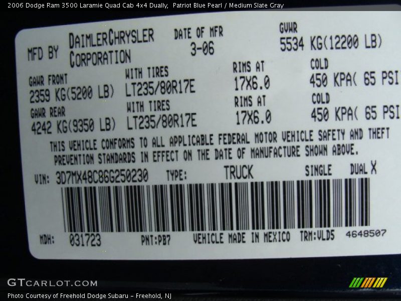 2006 Ram 3500 Laramie Quad Cab 4x4 Dually Patriot Blue Pearl Color Code PB7