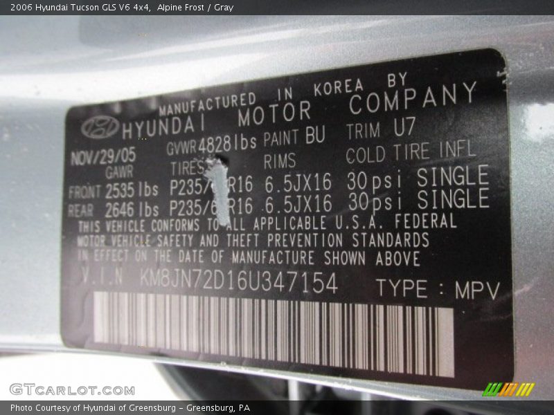 Alpine Frost / Gray 2006 Hyundai Tucson GLS V6 4x4