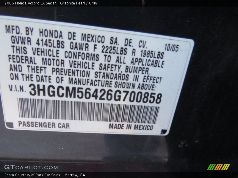 Graphite Pearl / Gray 2006 Honda Accord LX Sedan