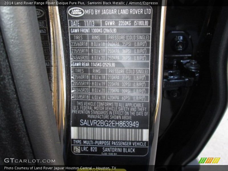 2014 Range Rover Evoque Pure Plus Santorini Black Metallic Color Code 820