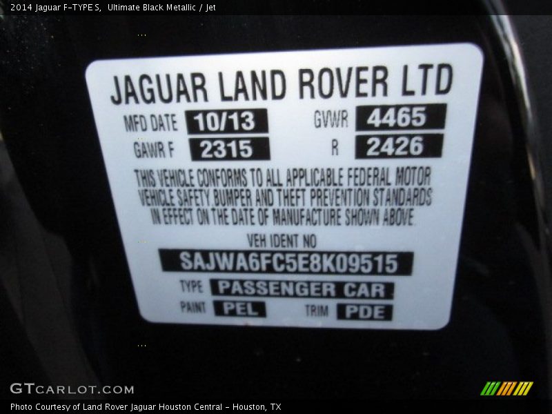 2014 F-TYPE S Ultimate Black Metallic Color Code PEL