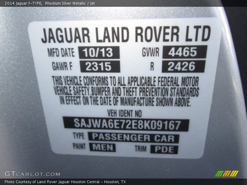 2014 F-TYPE  Rhodium Silver Metallic Color Code MEN