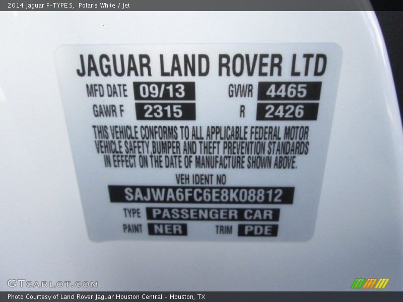 2014 F-TYPE S Polaris White Color Code NER