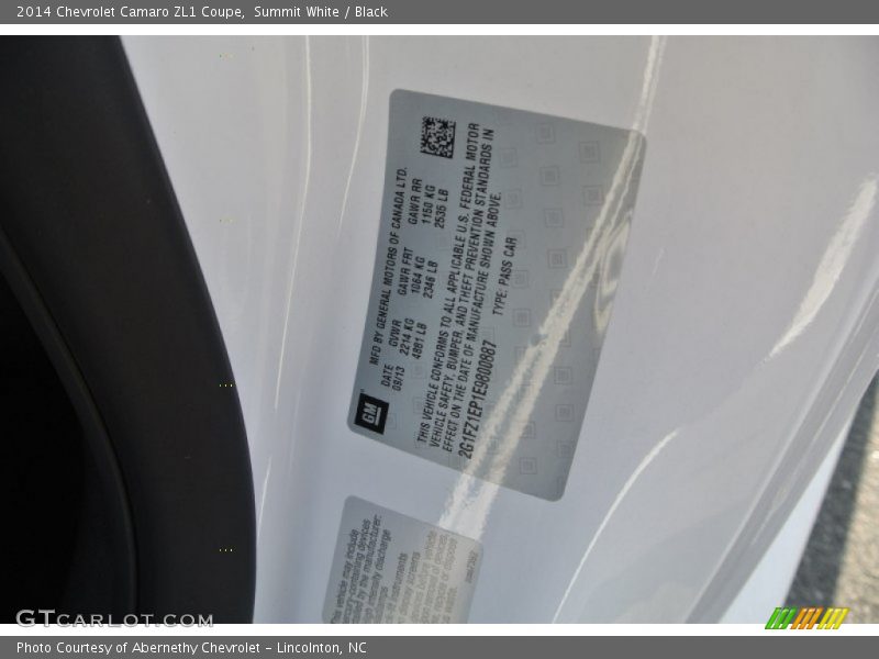 Info Tag of 2014 Camaro ZL1 Coupe