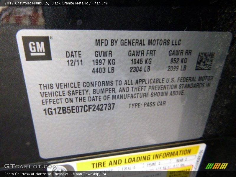 Black Granite Metallic / Titanium 2012 Chevrolet Malibu LS