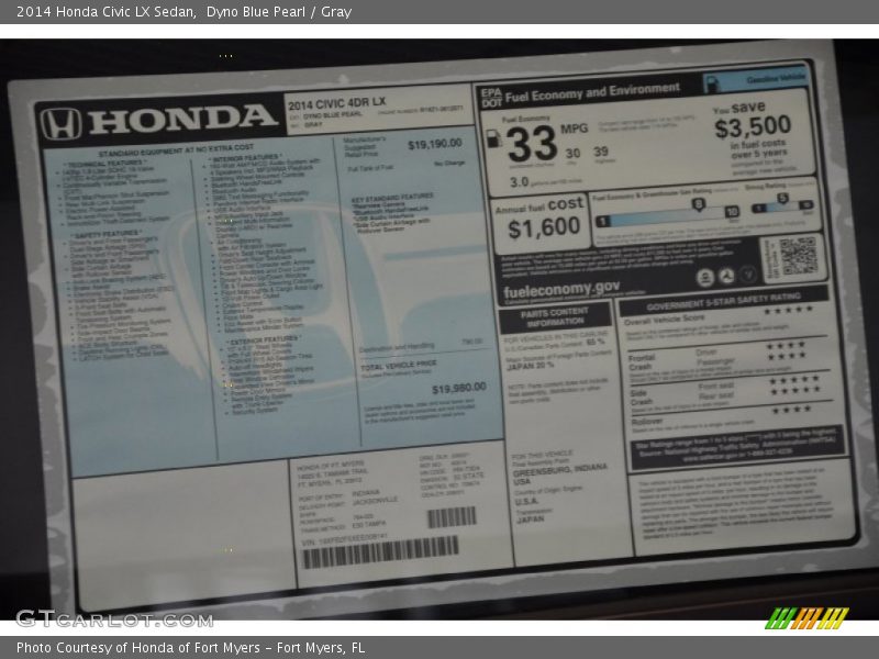 Dyno Blue Pearl / Gray 2014 Honda Civic LX Sedan