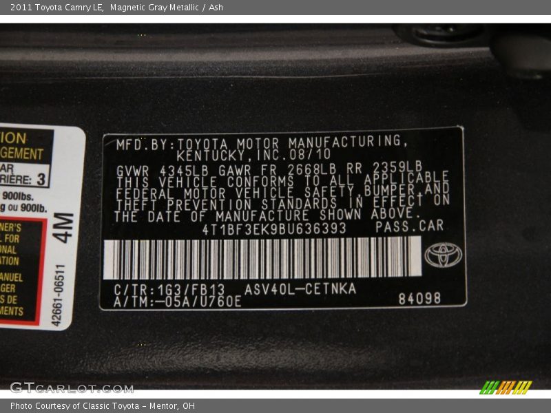 Magnetic Gray Metallic / Ash 2011 Toyota Camry LE